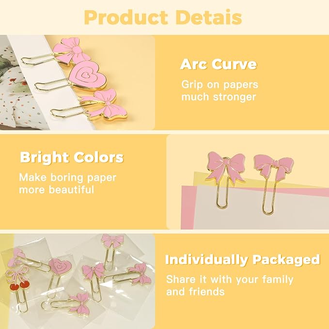 7 PCS Bow Paper Clips Metal Paperclip Large Size Paper Clip Cute Bookmark Colorful Office Supplies Present for Teacher & Students, for Office Home Supplies Gifts Wedding Decoration