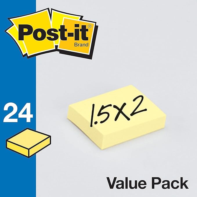Post-it Mini Notes, 1.5 in x 2 in, 24 Pads, America's #1 Favorite Sticky Notes, Canary Yellow, Clean Removal, Recyclable (653-24VAD-B)