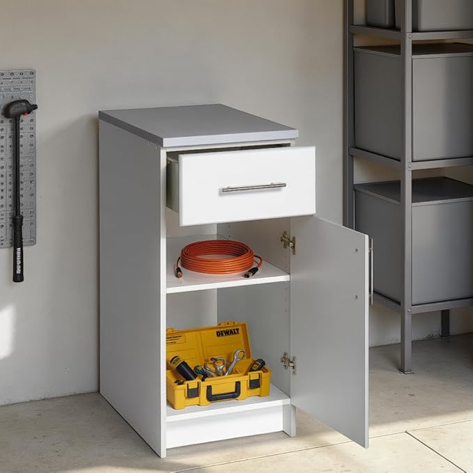 Prepac Elite 16” Wide White Storage Cabinet, Base Cabinet with 1 Drawer and 1 Adjustable Shelf Ideal for Garage, Cabinet, Kitchen, Home Office, 16”W x 36”H x 24”D