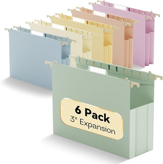 Plastic Hanging File Folders Extra Capacity,3" Expanding Pocket Letter Size,Expandable Large Pastel Hanging Folders,Adjustable Tabs,Heavy Duty Filing Cabinet Folder for Bulky Files,6 Pack