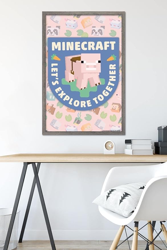 Trends International Minecraft - Let's Explore Together Wall Poster, 34L x 22.4W, Barnwood Framed Version