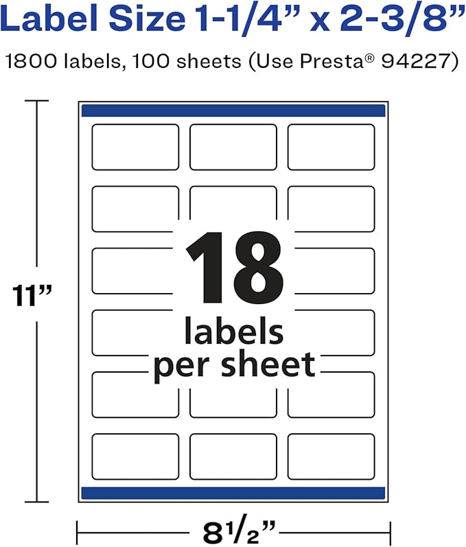 Avery Glossy White Rectangle Labels, Sure Feed Technology, 1-1/4" x 2-3/8", 1,800 Glossy White Labels, Print-to-The-Edge, Permanent Adhesive, Laser/Inkjet Printable