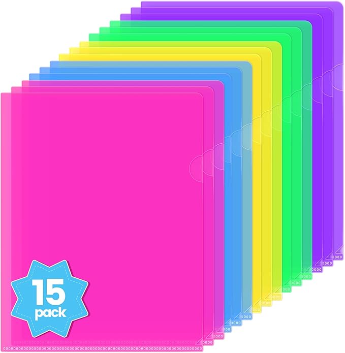 Sooez 15 Pack Clear Document Folder, Plastic Sleeves for Paper 8.5 x 11, Plastic File Folders Paper Sleeves Protector, Heavy Duty Poly File Jacket Sleeves Pocket Folder Cover,5 Assorted Colors