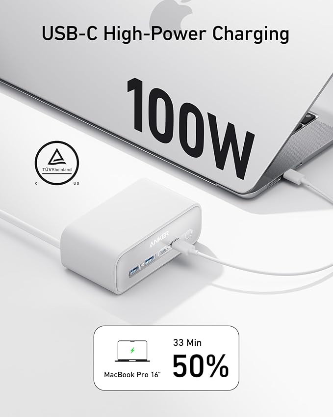 Anker Nano Charging Station(100W Max), 7-in-1 USB C Power Strip for iPhone 16/15/14 and MacBook Air/Pro, 5ft Thin Cord,3AC, 2USB A,2USB C,Power Delivery Desktop Accessory for Home&Office(White)