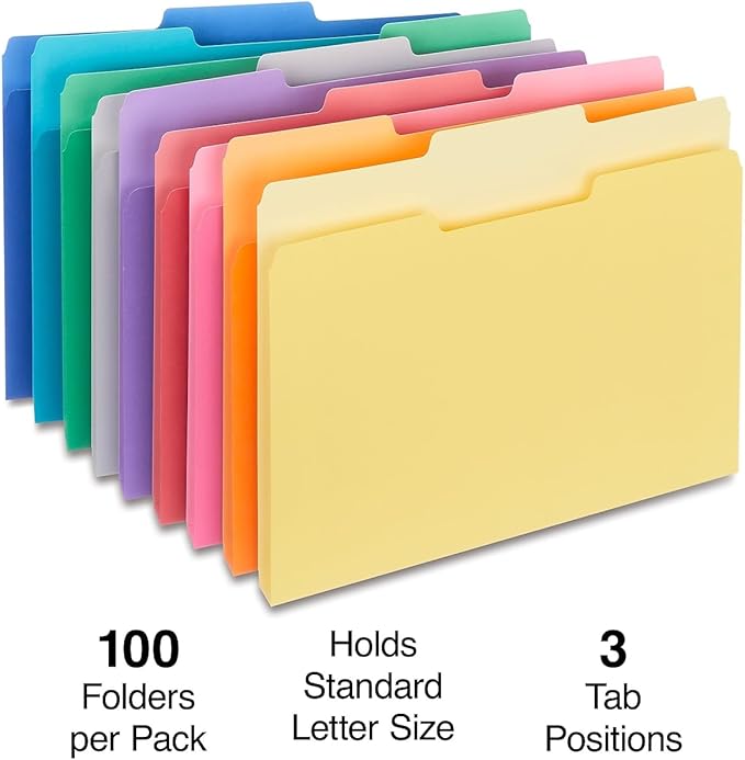 Staples File Folders, Letter Size, 1/3‑Cut Tabs, Assorted Colors, Durable 10.5‑Point Paper Stock, 100/Pack