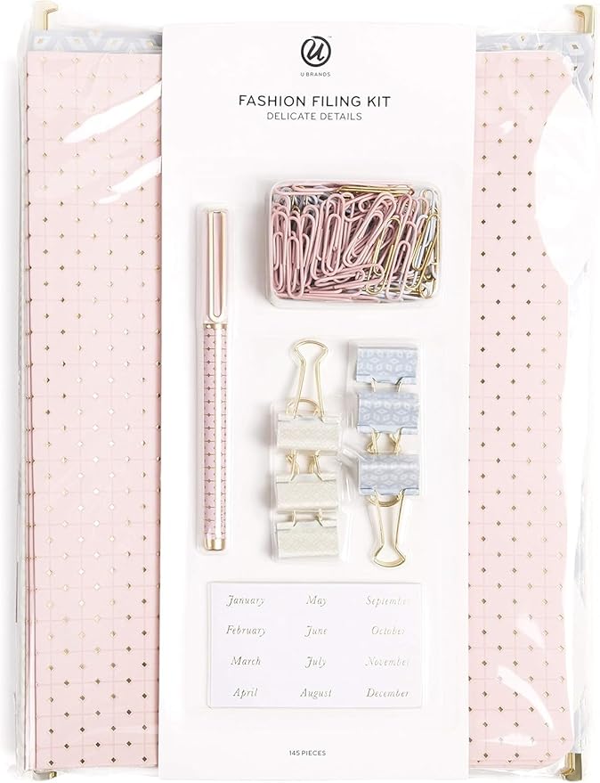 U Brands Delicate Details Fashion Filing Kit, 145 Pieces, Includes 4 Hanging Folders, 9 File Folders, 6 Binder Clips, 120 Paper Clips, 5 Sheets of File Lables and 1 Felt Tip Pen (4866U01-06)