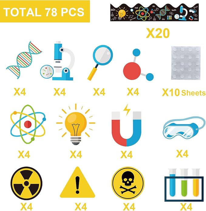 78Pcs Science Classroom Bulletin Board Decorations with Borders, Classroom Decor Paper Cutouts Teacher Must Haves Science Theme Back to School Home Office Decorations