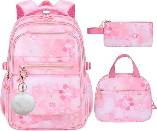 3Pcs Set Backpacks for Girls Teen, Cute Flowers School Bag Girls Bookbags with Lunch Box Pencil Bag, Multi-Pockets Kids Backpack for Elementary & Middle School, Pink