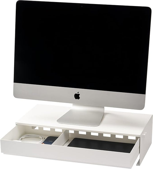YAMAZAKI Home Tower Monitor Stand With Drawer – Monitor Riser With Storage, Desk Monitor Stand With Cable Management, Gaming Organizer, Steel, Black - Steel