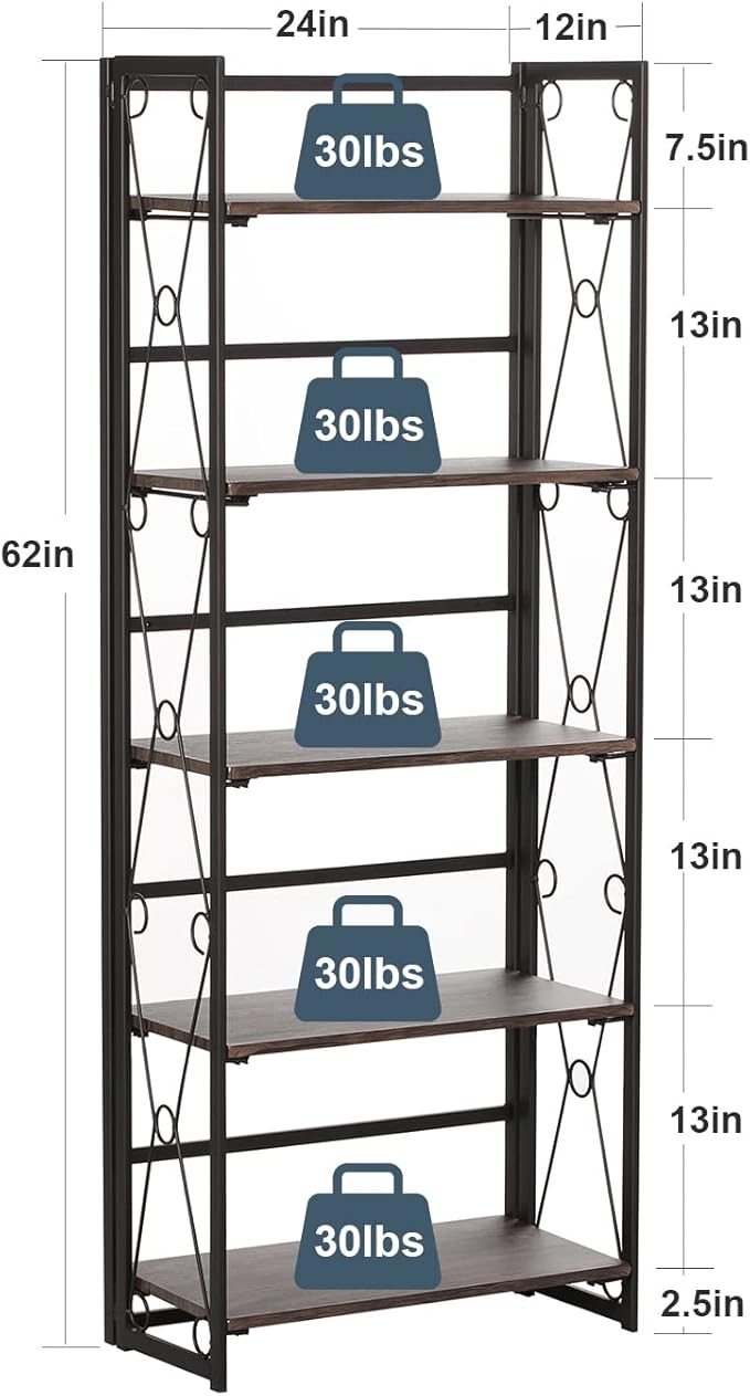 VECELO Folding Bookshelf,5 Shelf Bookcase No Assembly, Industrial Metal Frame Shelves Rack Organizer for Living Room, Office,Walnut 2 Set