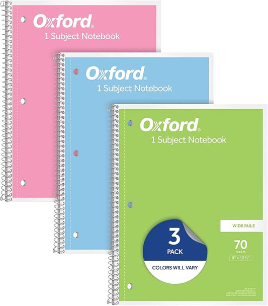 Oxford Spiral Notebooks, 3 Pack, 1 Subject, Wide Ruled Notebooks for School, 8 x 10.5 Inches, 70 Sheets, Assorted Pastel Colors, Back to School Supplies (1002541)