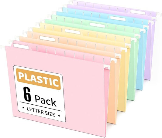 Sooez Tear-Resistant Plastic Hanging File Folders Letter Size, 6 Count File Organizer Suitable for File Cabinet Filing Cabinets, 1/6-cut Adjustable Tabs for Office, School, Pastels Colors, Pink