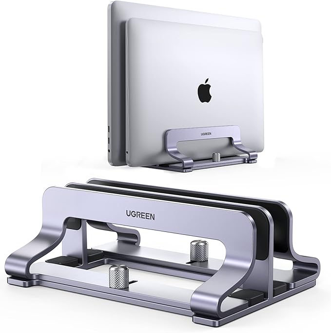 UGREEN 2-Slot Vertical Laptop Stand Holder Desk Compatible with MacBook Pro Air Laptop Stand Desktop Adjustable, Lenovo Ideapad, Surface Book, HP Notebook, Dell Chromebook Up to 17.3 Inch, Space Gray
