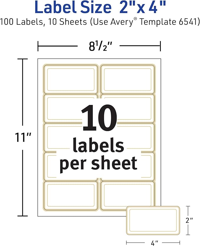 Avery Printable Rectangle Labels, 2" x 4" Blank Labels, Shipping, Matte White, Metallic Gold Border, Permanent Adhesive, Laser/Inkjet Printable, 100 Total (6541)