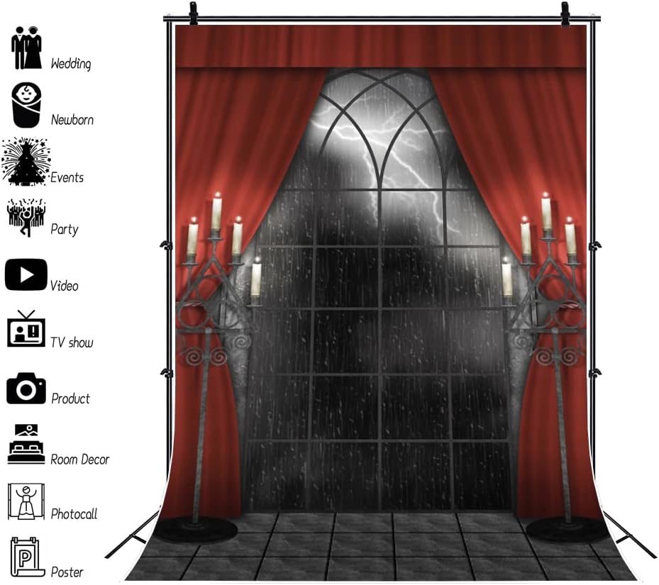 Renaiss 7x10ft Vintage Gothic Window Backdrop Red Curtain Candlestick Black Floor Lightning Stormy Sky Vampire Medieval Castle Photography Background Halloween Dress Up Party Decors Photo Booth Props