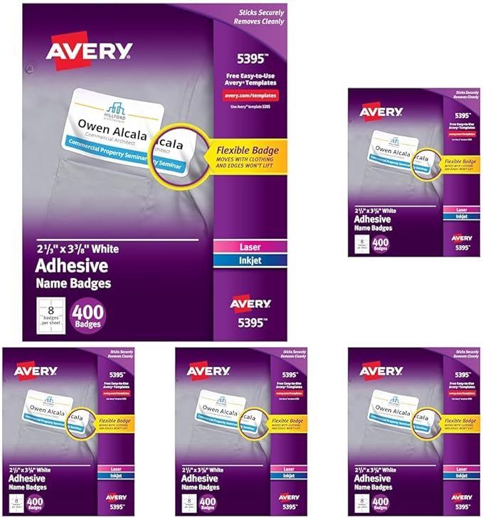 Avery Flexible Printable Name Tags,2-1/3" x 3-3/8",Matte White,400 Removable Name Badges for Laser and Inkjet Printers (5395),(Pack of 5)