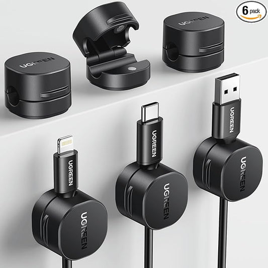UGREEN Cable Organizer Clips, Adhesive Cable Management - 6-Pack Strong Magnetic Cord Holder for Desk to Keep Phone Charging Cables, Computer Cords, and Various Cord Organized for Nightstand, Black
