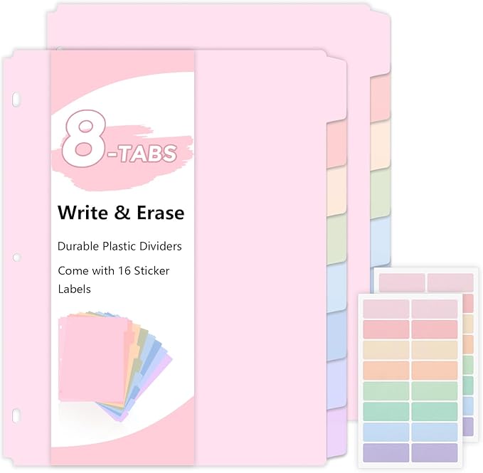 SKYDUE 8 Tab Durable Plastic Dividers,2Sets, Big Tab Dividers for 3 Ring Binder, Write&Erase 3 Ring Binder Dividers with Tabs, with Sticker Labels, Long-Lasting Plastic Pastels Binder Dividers