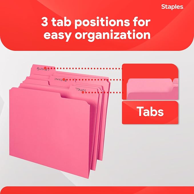 Staples Reinforced Colored File Folders, Letter Size, 3‑Tab Design, Pink, Heavy‑Duty Paper Stock, 100/Pack