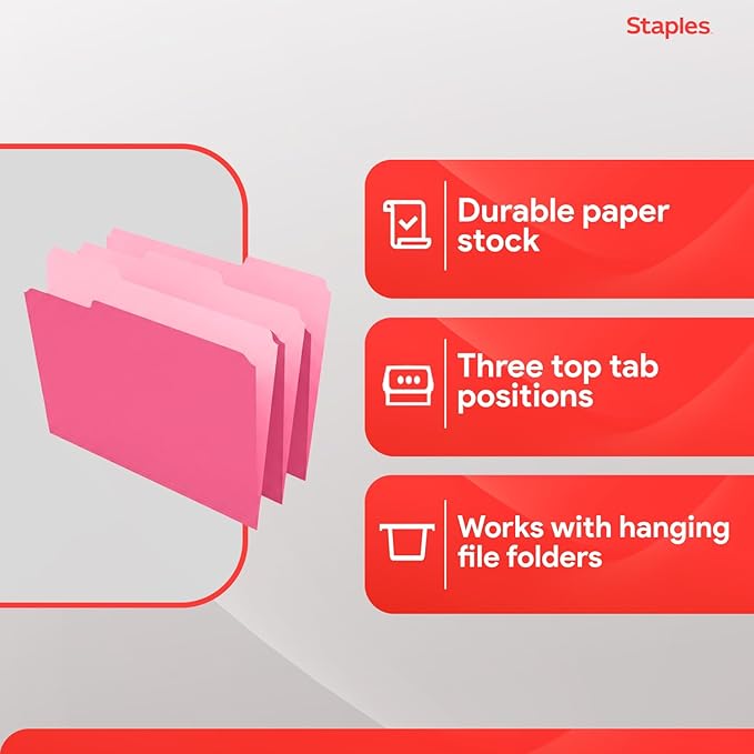 Staples Reinforced Colored File Folders, Letter Size, 3‑Tab Design, Pink, Heavy‑Duty Paper Stock, 100/Pack