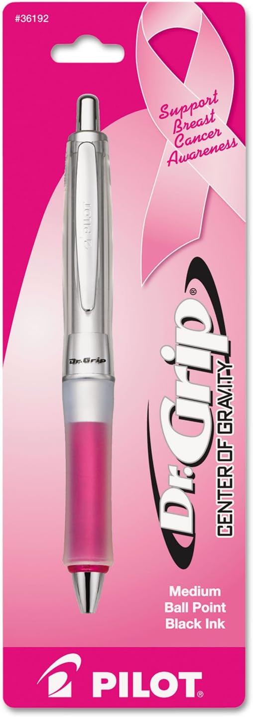 PILOT Dr. Grip Center of Gravity - Breast Cancer Awareness Refillable & Retractable Ballpoint Pen, Medium Point, Silver/Pink Barrel, Black Ink, Single Pen (36192)