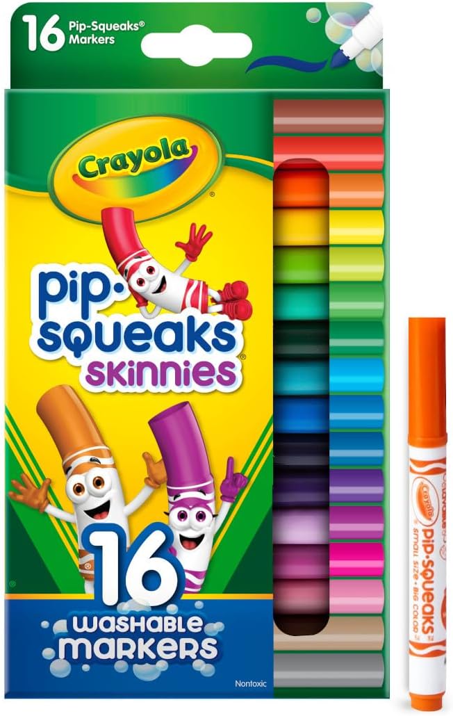 Crayola Pip Squeaks Skinnies Washable Marker Set (16ct), Essential Easter Basket Stuffers, Mini Markers for Toddlers, Thin Coloring Markers for Kids, Spring Crafts Supplies