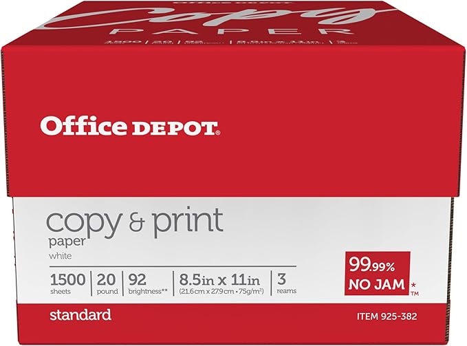 Office Depot Copy Print Paper, 8 1/2in. x 11in., 20 Lb, Bright White, 500 Sheets Per Ream, Case Of 3 Reams, 1008