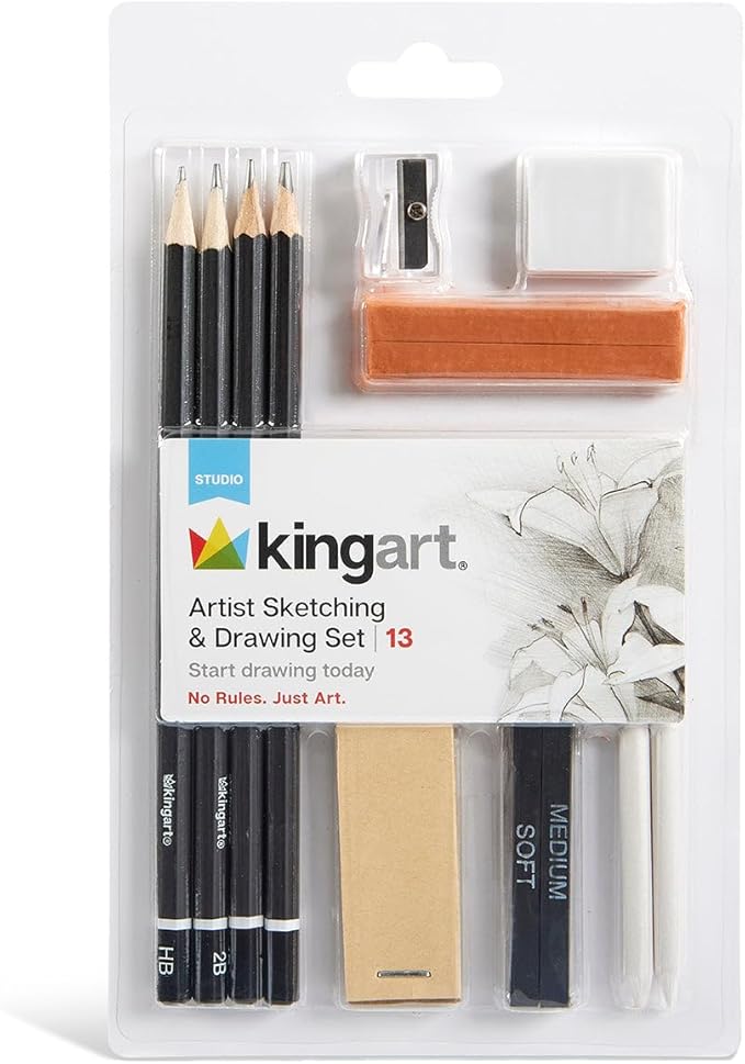 KINGART 13-Piece Sketching & Drawing Set – Complete Artist Kit with Graphite, Charcoal & Pastel Pencils, Blending Tools & Eraser in Portable Case – Art Supplies for Beginners & Professional Artists