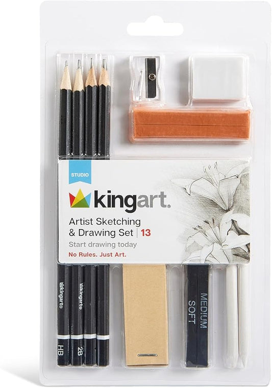 KINGART 13-Piece Sketching & Drawing Set – Complete Artist Kit with Graphite, Charcoal & Pastel Pencils, Blending Tools & Eraser in Portable Case – Art Supplies for Beginners & Professional Artists