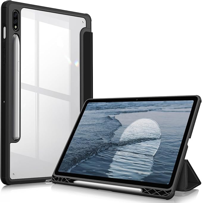 Fintie Hybrid Slim Case for Samsung Galaxy Tab S8/Tab S7 11 Inch (Model SM-X700/X706/T870/T875/T878) with S Pen Holder, Shockproof Cover with Clear Transparent Back Shell, Black