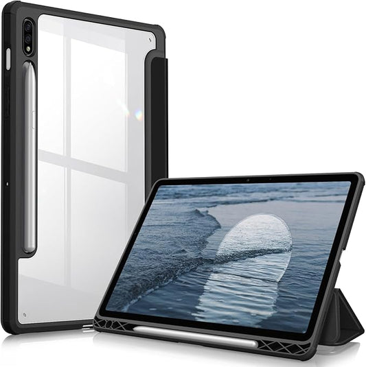 Fintie Hybrid Slim Case for Samsung Galaxy Tab S8/Tab S7 11 Inch (Model SM-X700/X706/T870/T875/T878) with S Pen Holder, Shockproof Cover with Clear Transparent Back Shell, Black