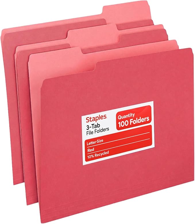 Staples File Folders, Letter Size, 1/3‑Cut Tabs, Red, Durable 10.5‑Point Paper Stock, 100/Pack