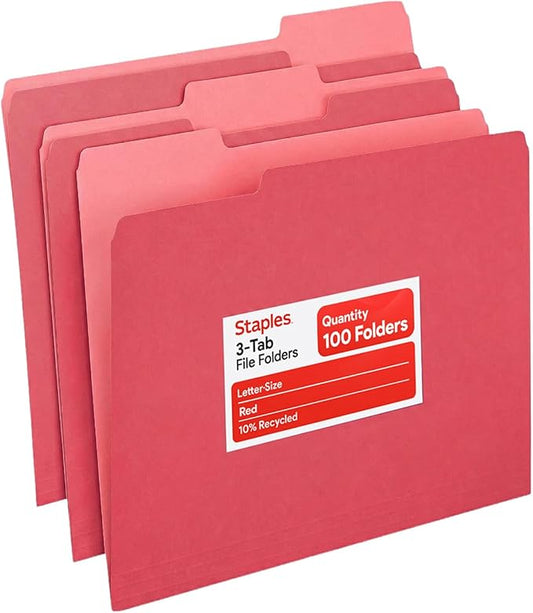 Staples File Folders, Letter Size, 1/3‑Cut Tabs, Red, Durable 10.5‑Point Paper Stock, 100/Pack