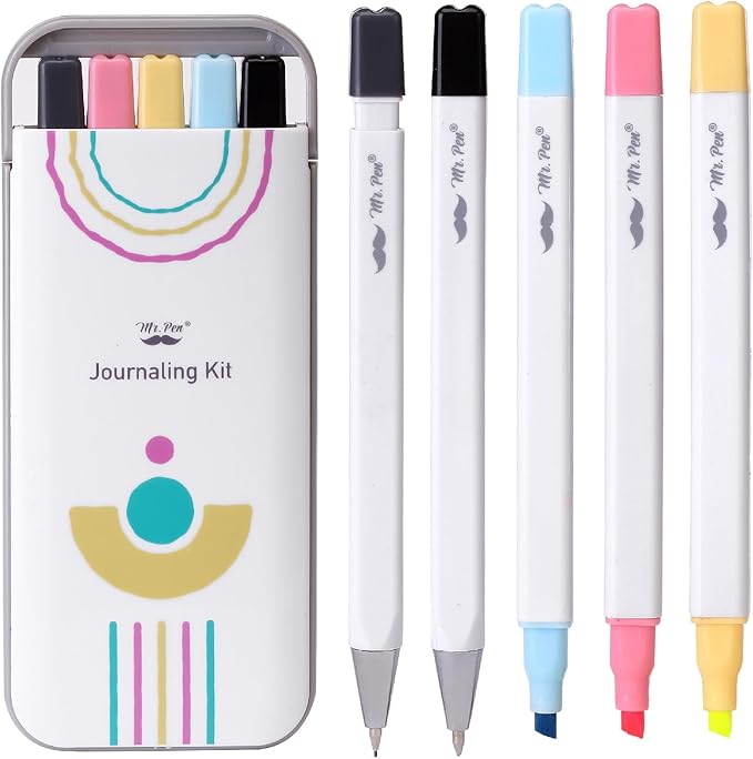 Mr. Pen- Journaling Kit, 5 Pack, Journaling Pens and Highlighters and Mechanical Pencil with Hard-Shell Carrying Case, Journaling Supplies Kit, Journaling Set, Journaling Pens and Markers