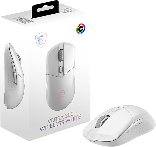msi Versa 300 Wireless White Gaming Mouse, 8000 DPI, 30M+ Clicks Kailh Switch, Optical Sensor, Ergonomic Ambitextrous Hand Design, RGB Light