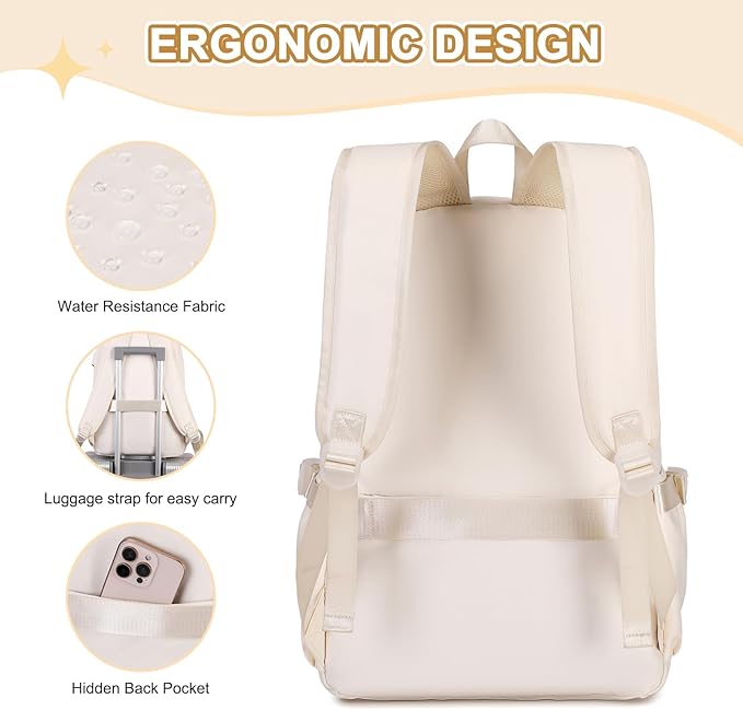 Backpacks for Girls, Girls Backpack with Lunch Box & Pencil Pouch for Teens Girl Kids Elementary Middle High School College Student Bookbag Daypack Laptop Travel Backpack for Women (Beige)