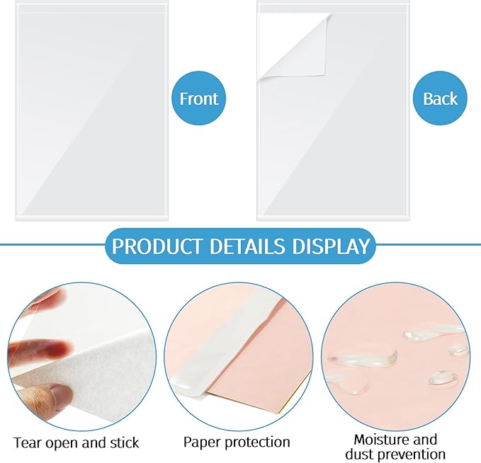 100Pcs Self Adhesive Display Pockets - 8.5 x 11 Inch Paper Sleeves for Wall and Door Communication, Clear Adhesive Sheet Protectors for Office, School, Box Posting Signs