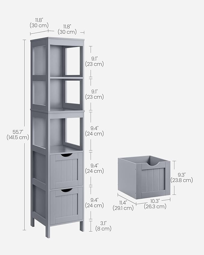 VASAGLE Storage Cabinet, Storage Organizer Rack Stand for Bathroom, Living Room, Bedroom, Multifunctional Corner Unit, 2 Drawers, 55.7 Inches in Height, Dove Gray UBBC066G02
