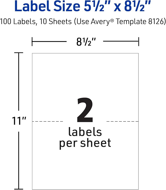Avery Half-Sheet Printable Shipping Labels, 5.5" x 8.5" Customizable Stickers, White, 50 per Pack, 100 Blank Mailing Labels Total, Great for Mailing, Shipping, Organizing, and More (2-Pack of 8126)