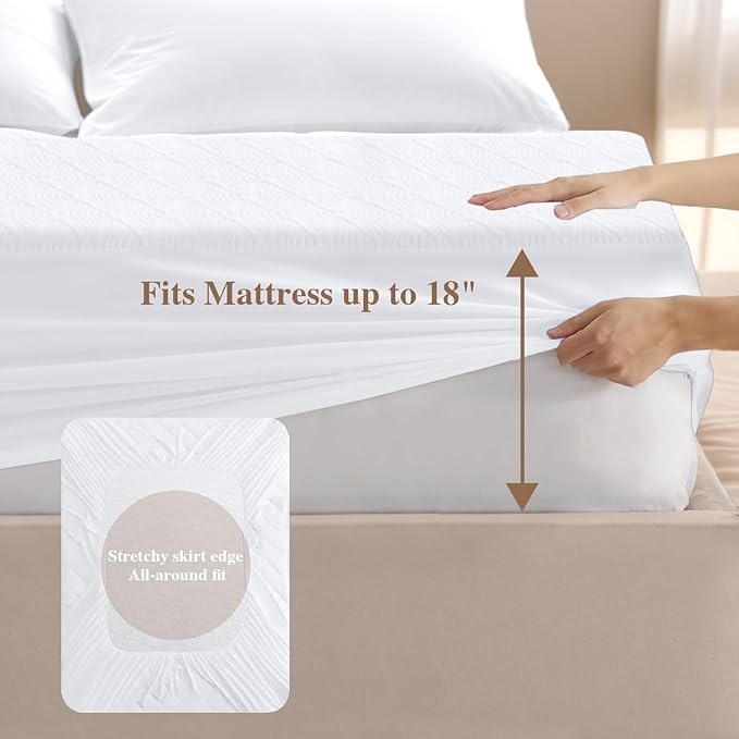 California King Mattress Protector, Waterproof Mattress Pad Washable Rayon Mattress Cover Breathable Noiseless Bed Protector 3D Patterns 5" - 21'' Elastic Fitted Deep Pocket(White)
