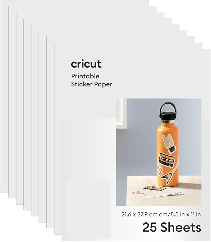 Cricut® Printable Sticker Paper for Laser Printer - 25 Count, US Letter Size (8.5in x 11in) - White - Make Custom Stickers, Personalized Decor, Labels, & More