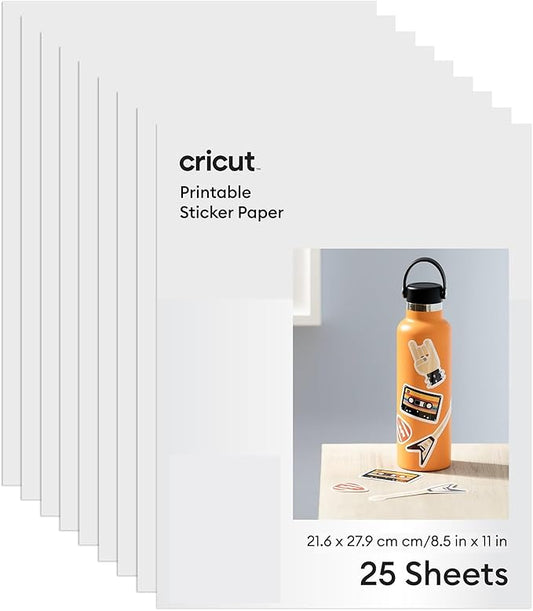 Cricut® Printable Sticker Paper for Laser Printer - 25 Count, US Letter Size (8.5in x 11in) - White - Make Custom Stickers, Personalized Decor, Labels, & More