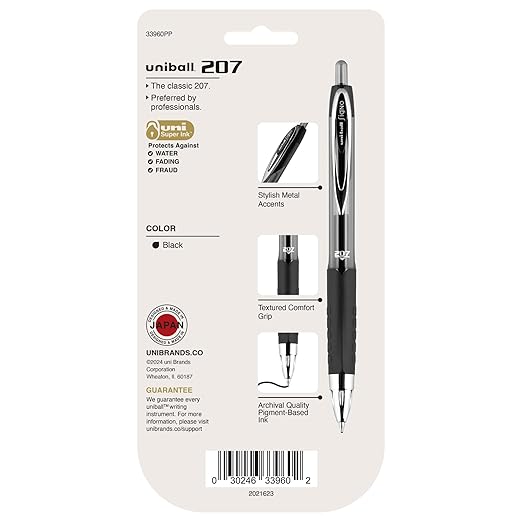 uni-ball 207 Retractable Gel Pens, Medium Point (0.7mm), Black, 4 Count