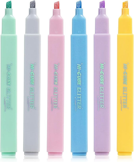 M&G HI-CUBE Glitter Highlighters, 6 Pack Gentle Colors with Glitter Ink, No Bleed Soft Chisel Tip for Bible Study, Cute Aesthetic Highlighters for Journaling, Planners & Notes