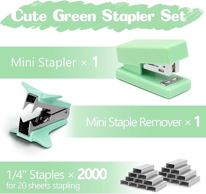 Green Mini Stapler with Staples, Portable Office Supplies Set with Small Stapler, Staple Remover and 2,000 Staples, Cute Mini Stapler for Desk, School, Office & Home Desk Essentials