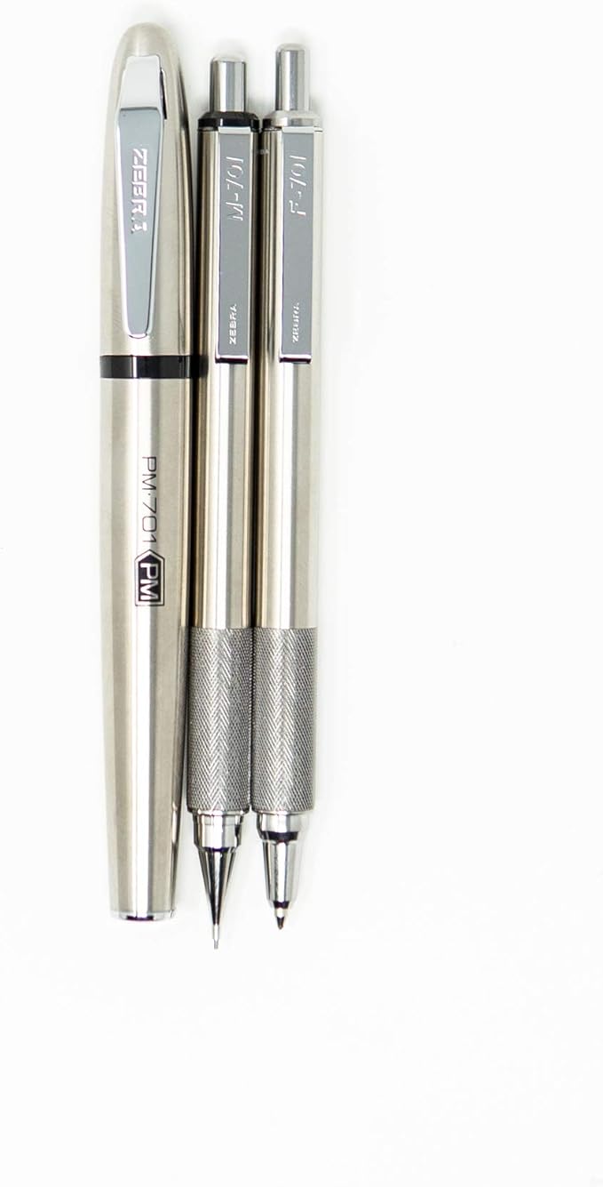 Zebra Pen Premium Steel Writing Set, PM-701 Permanent Marker, F-701 Ballpoint Pen, M-701 Mechanical Pencil, Ideal for Tactical Use, Great for Gift Giving, 3-Pack (11213)