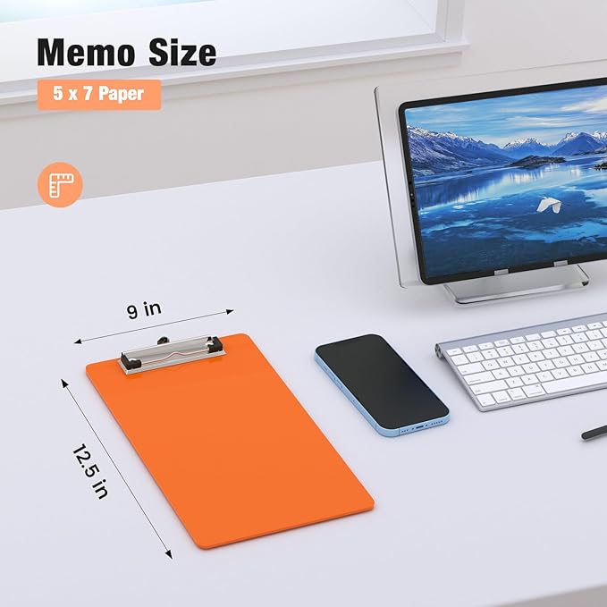Small Clipboards, A5 Plastic Mini Orange Clip Board for Classroom, Students, Kid, Size 6" x 9" with Low Profile Clip, Office & School Supply