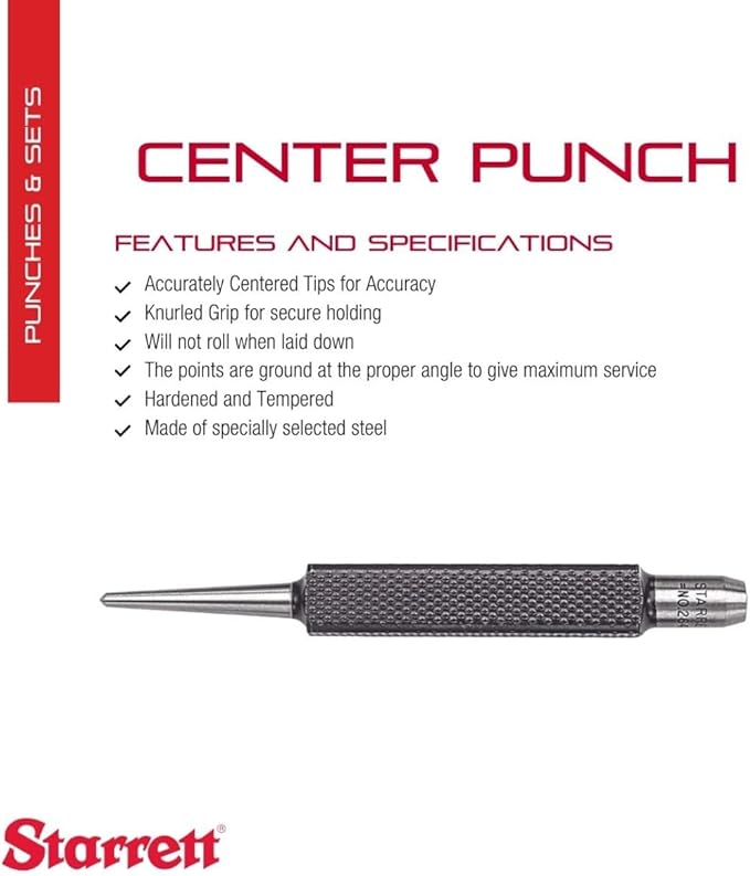 Starrett Steel Center Punch with Square Shank and Knurled Finger Grip - Hardened and Tempered Steel, 88mm Length, 2mm Diameter Tapered, 9.5mm Square Thickness - 264B