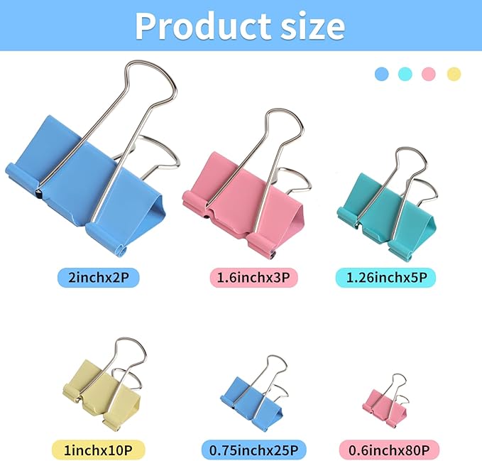 Joyberg 125Pcs Binder Clips Colored, Binder Clips Assorted Sizes, 6 Sizes Binder Paper Clips for Office Supplies/Home/School (Blue, Pink, Yellow, Green)