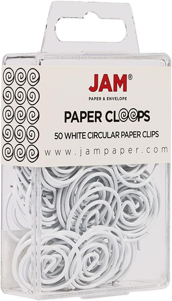 JAM PAPER Circular Paper Clips - Round Paperclips - White - 50/Pack